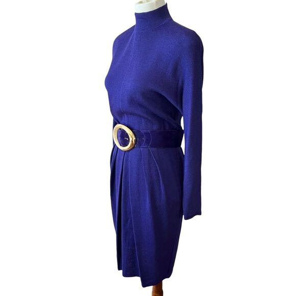 ST JOHN VTG 80S DRESS SANTANA KNIT TULIP PLEATED FRONT BELTED MOCK NECK PURPLE 4 - Picture 5 of 13